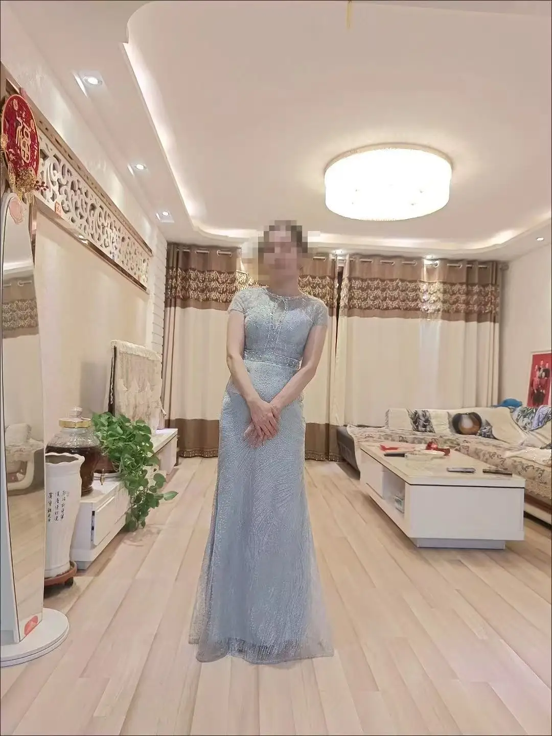 Gorgeous Sexy Round Neck Sequined Mermaid Long Formal Evening Dress Silver With Sleeves