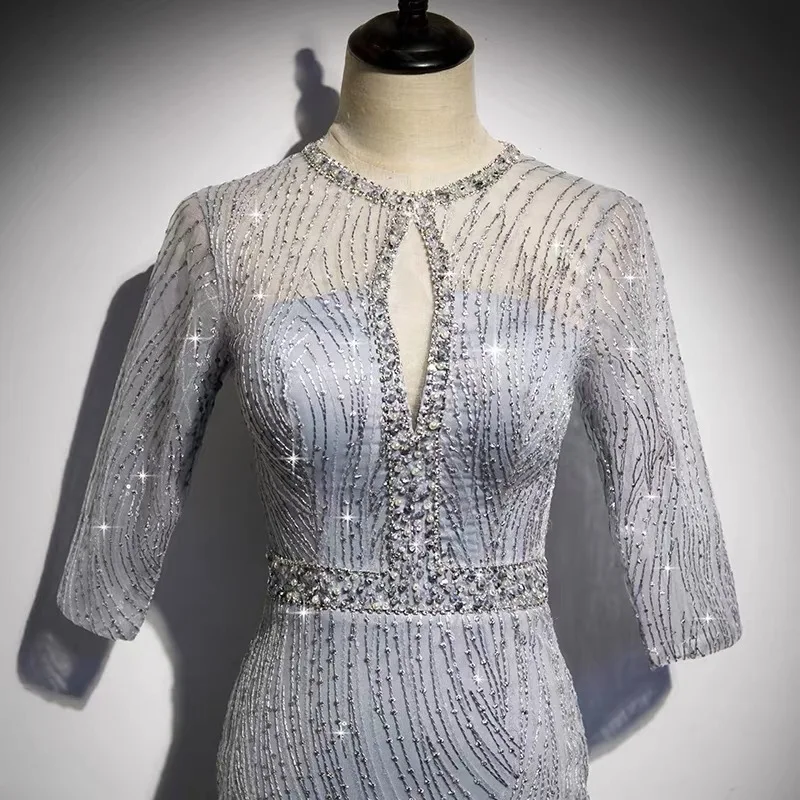 Gorgeous Sexy Round Neck Sequined Mermaid Long Formal Evening Dress Silver With Sleeves