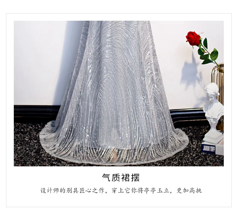 Gorgeous Sexy Round Neck Sequined Mermaid Long Formal Evening Dress Silver With Sleeves