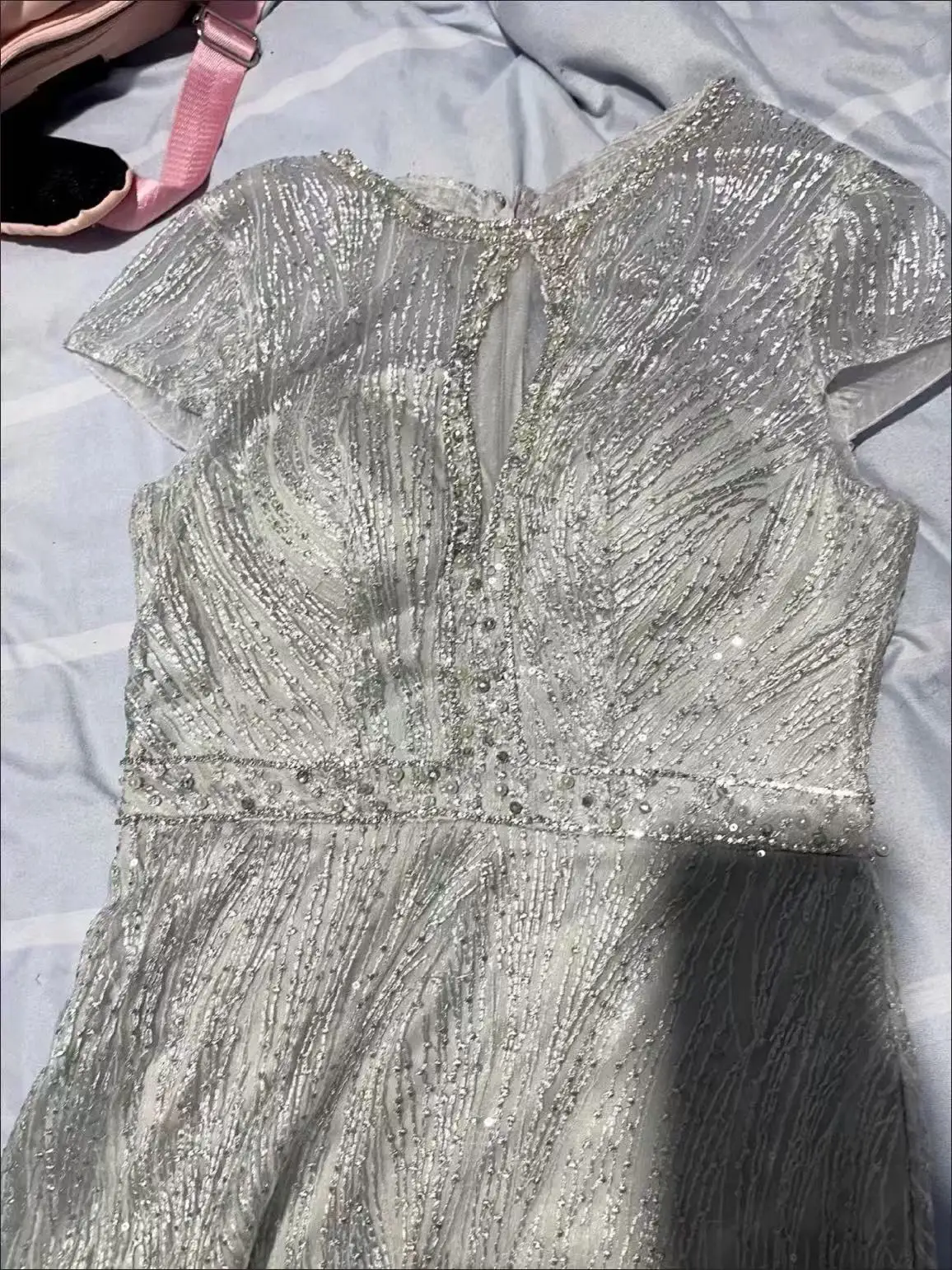 Gorgeous Sexy Round Neck Sequined Mermaid Long Formal Evening Dress Silver With Sleeves