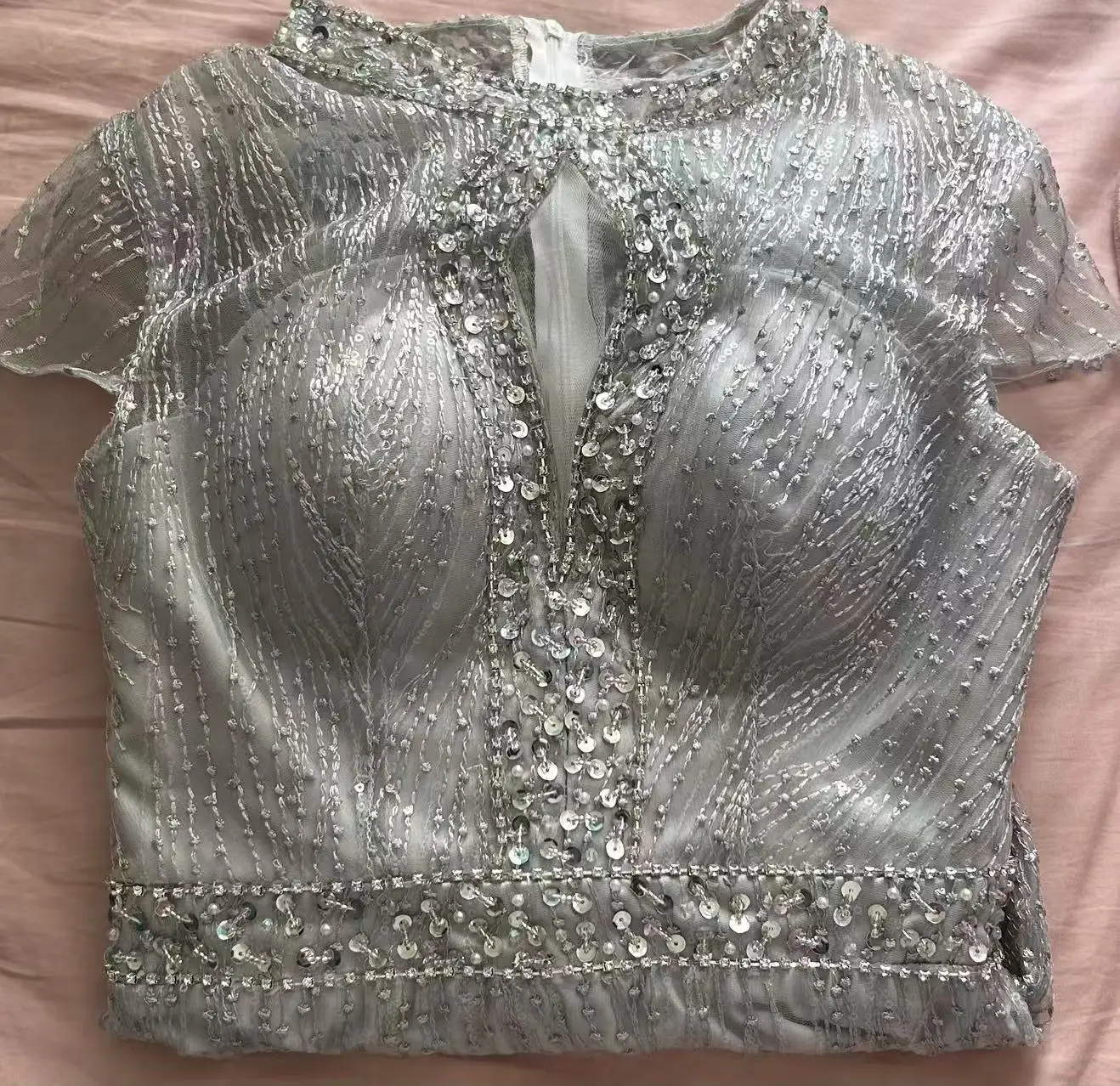 Gorgeous Sexy Round Neck Sequined Mermaid Long Formal Evening Dress Silver With Sleeves