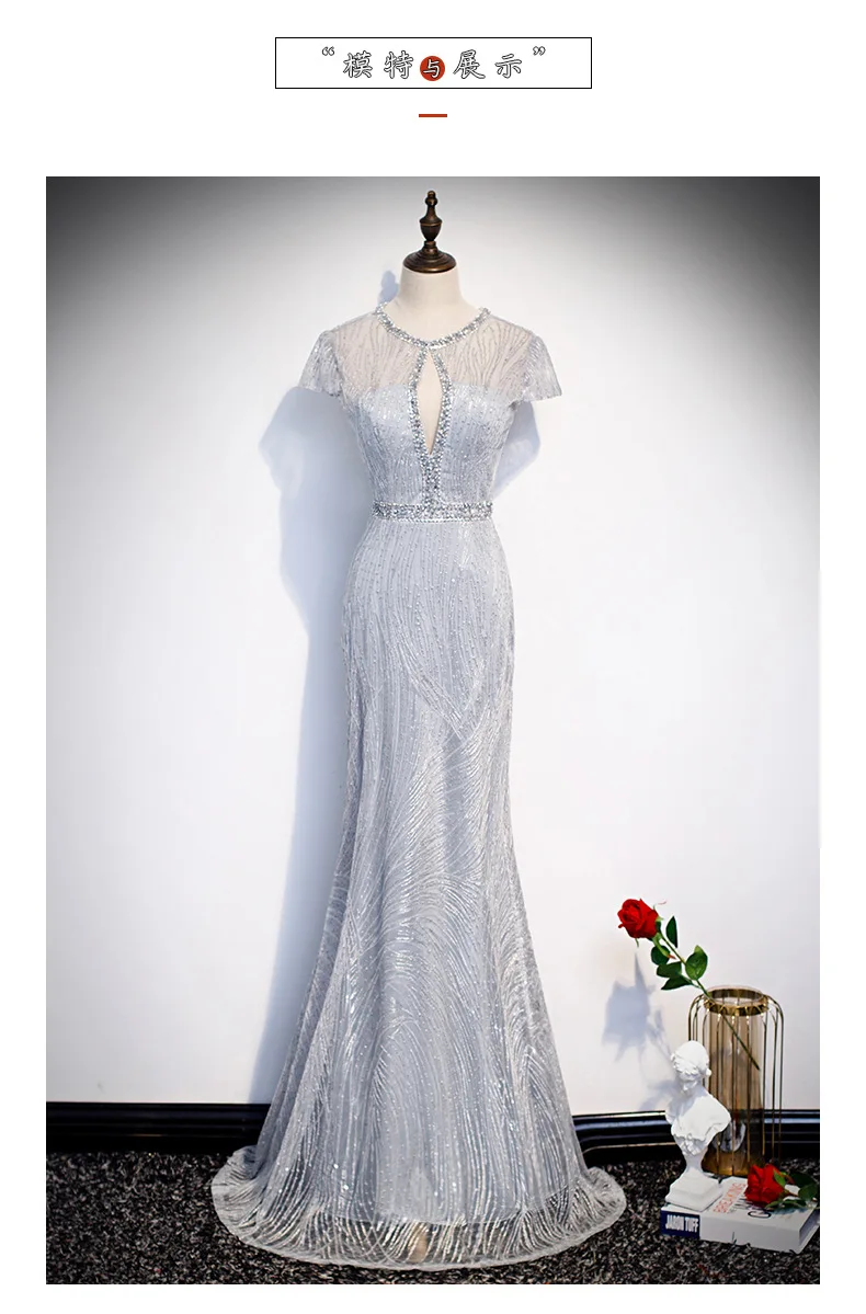 Gorgeous Sexy Round Neck Sequined Mermaid Long Formal Evening Dress Silver With Sleeves