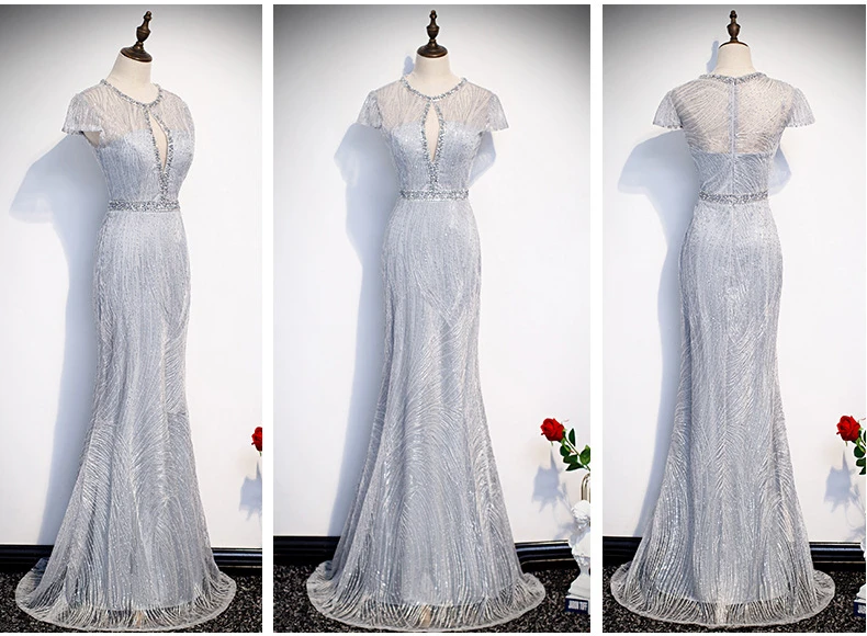 Gorgeous Sexy Round Neck Sequined Mermaid Long Formal Evening Dress Silver With Sleeves