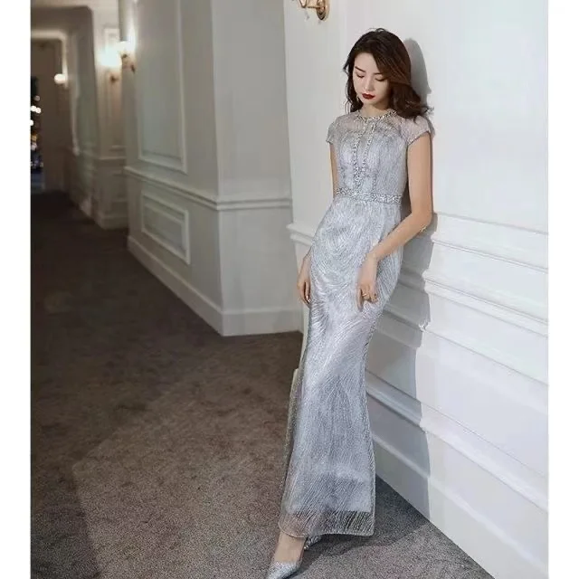 Gorgeous Sexy Round Neck Sequined Mermaid Long Formal Evening Dress Silver With Sleeves