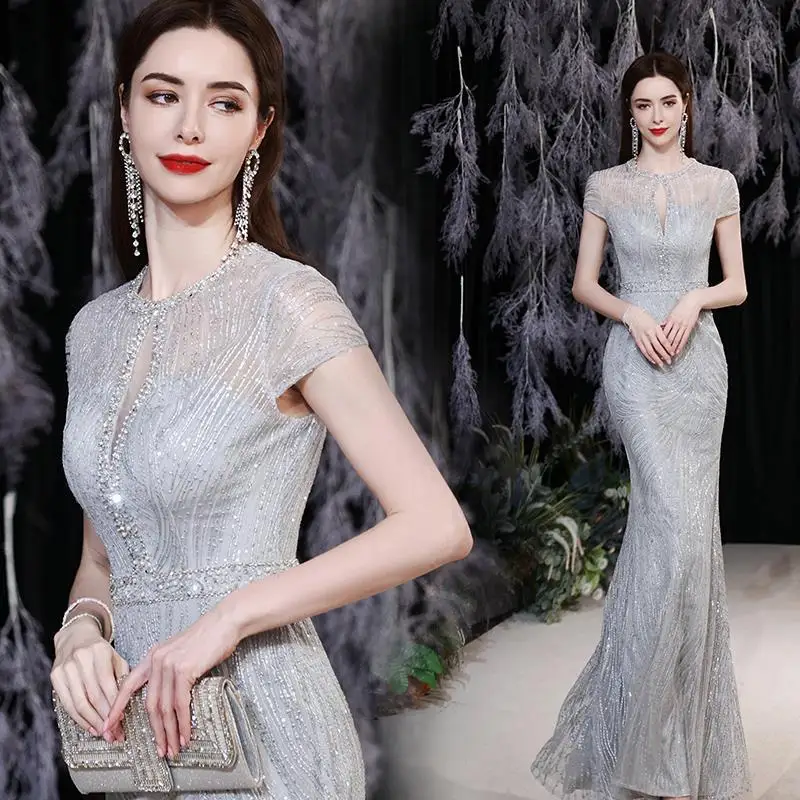 Gorgeous Sexy Round Neck Sequined Mermaid Long Formal Evening Dress Silver With Sleeves
