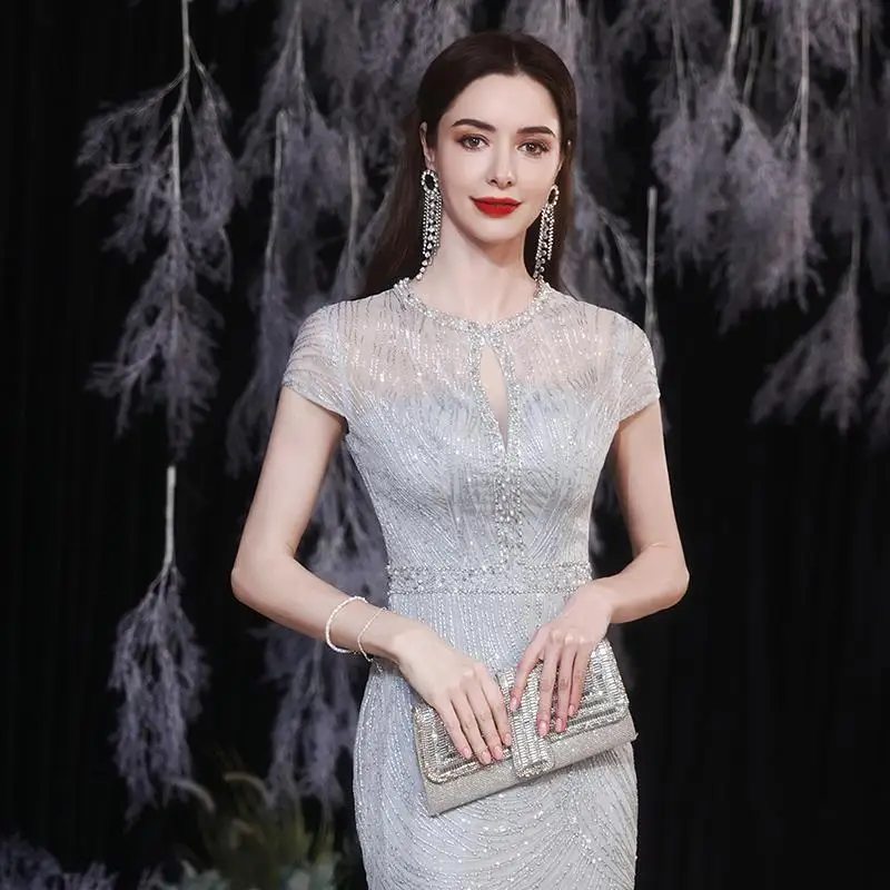 Gorgeous Sexy Round Neck Sequined Mermaid Long Formal Evening Dress Silver With Sleeves