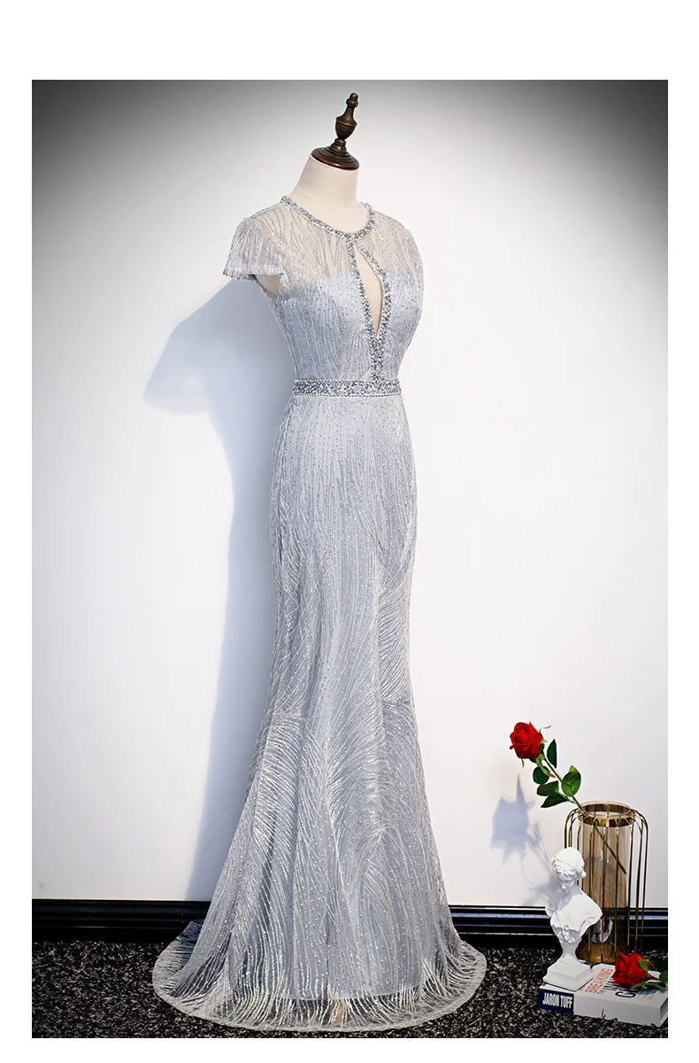 Gorgeous Sexy Round Neck Sequined Mermaid Long Formal Evening Dress Silver With Sleeves