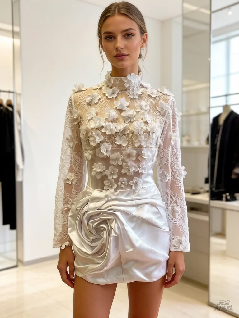 2026 New Elegant White Lace Dress High Neck Long Lace Sleeves Asymmetrical Short Skirt 3D Floral Appliques Wedding Party Dress H