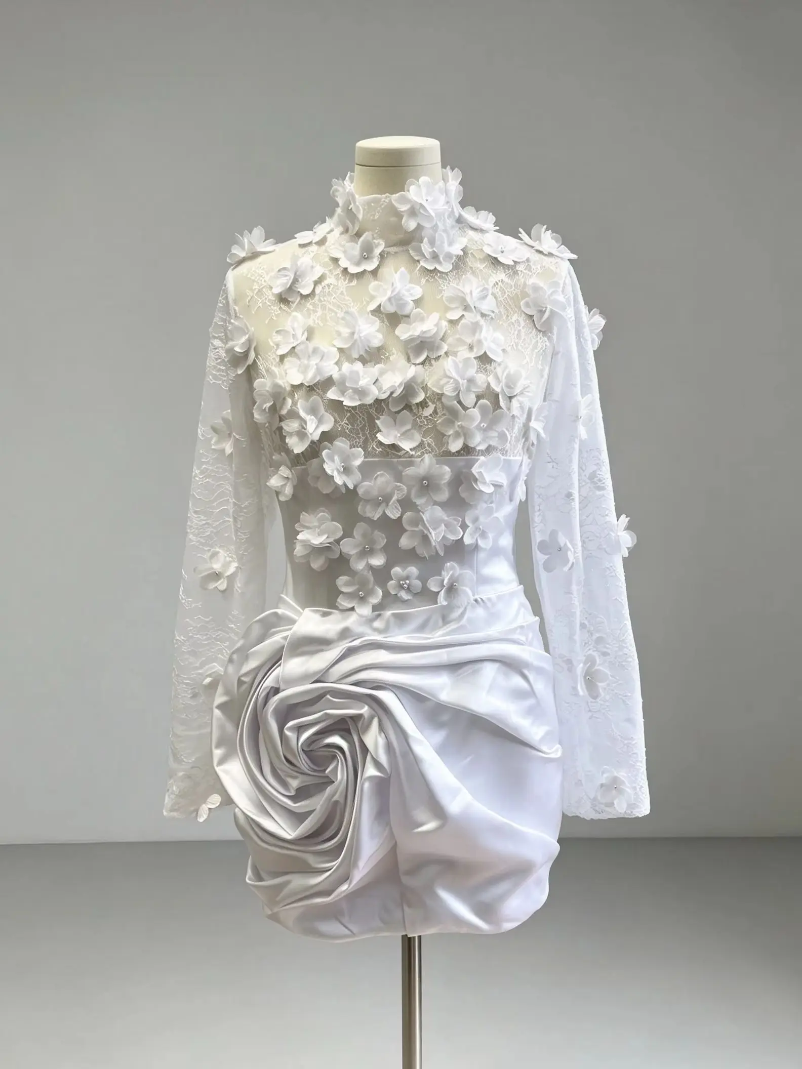 2026 New Elegant White Lace Dress High Neck Long Lace Sleeves Asymmetrical Short Skirt 3D Floral Appliques Wedding Party Dress H
