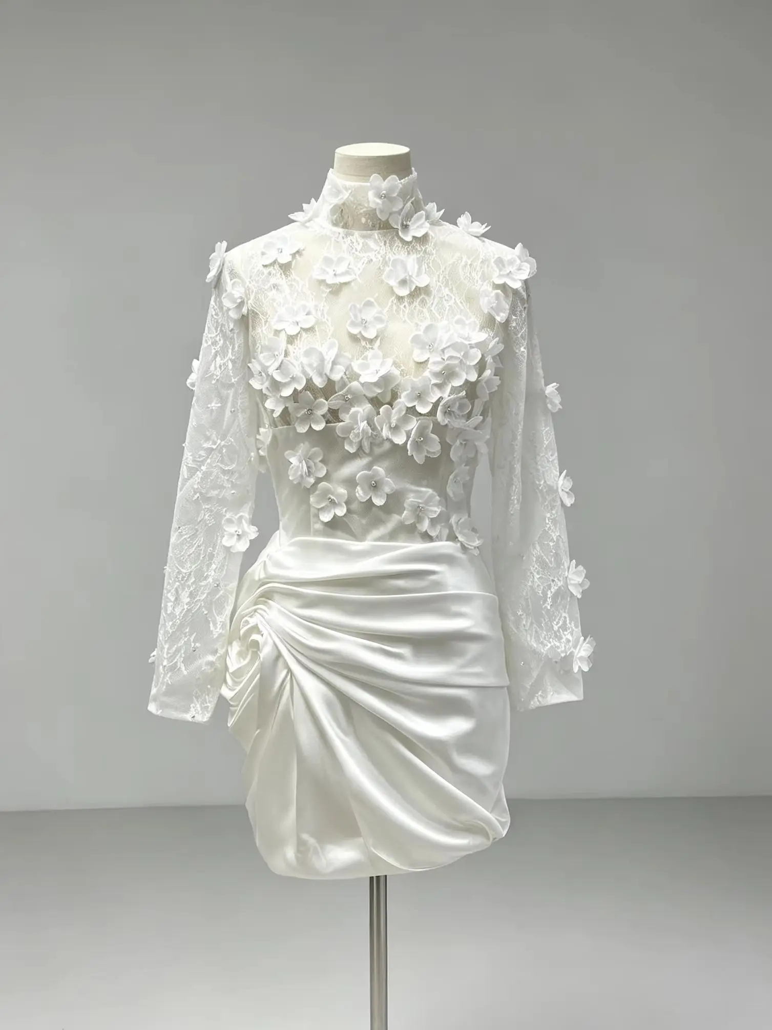 2026 New Elegant White Lace Dress High Neck Long Lace Sleeves Asymmetrical Short Skirt 3D Floral Appliques Wedding Party Dress H