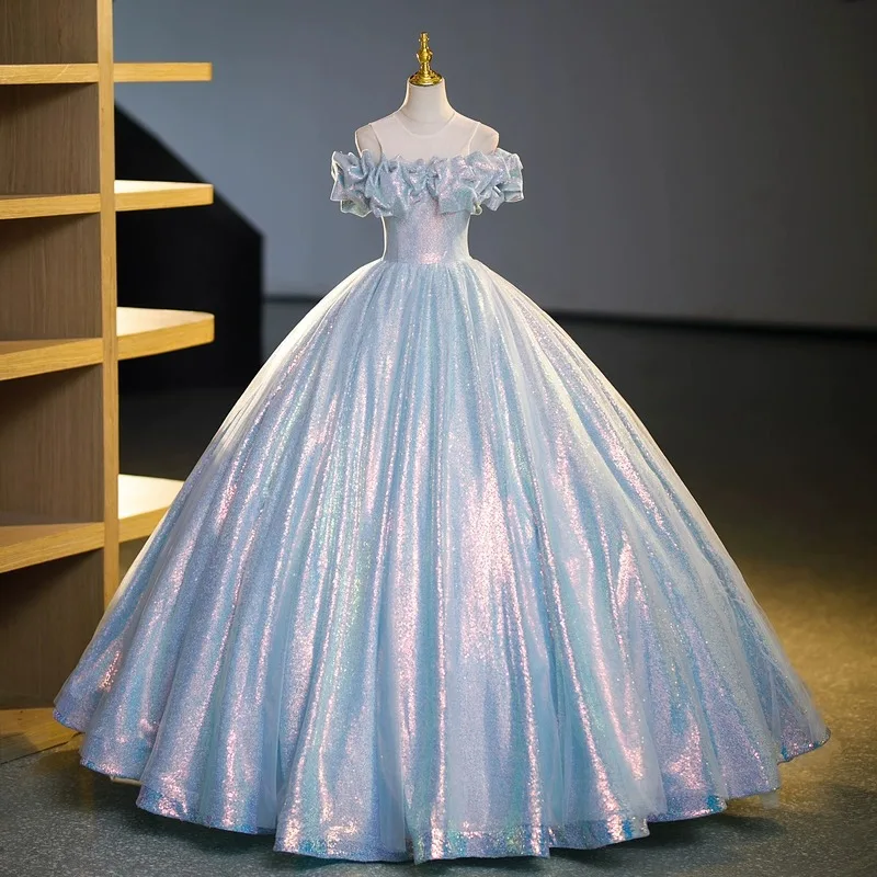 Sparkly Tulle Prom Dress Princess A Line Performance Dresses For Women Floor Length Birthday Gown 15 Quinceañera Graduation Gown