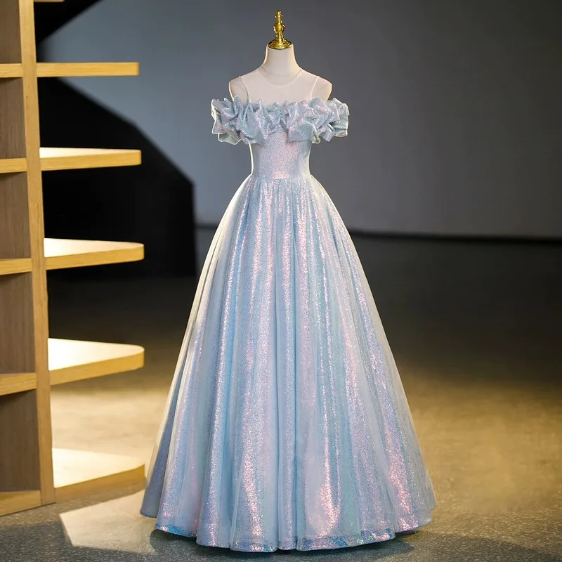 Sparkly Tulle Prom Dress Princess A Line Performance Dresses For Women Floor Length Birthday Gown 15 Quinceañera Graduation Gown