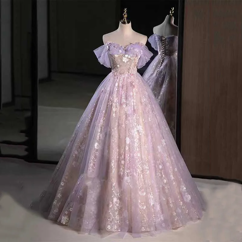 Sparkly Tulle Prom Dress Princess A Line Performance Dresses For Women Floor Length Birthday Gown 15 Quinceañera Graduation Gown