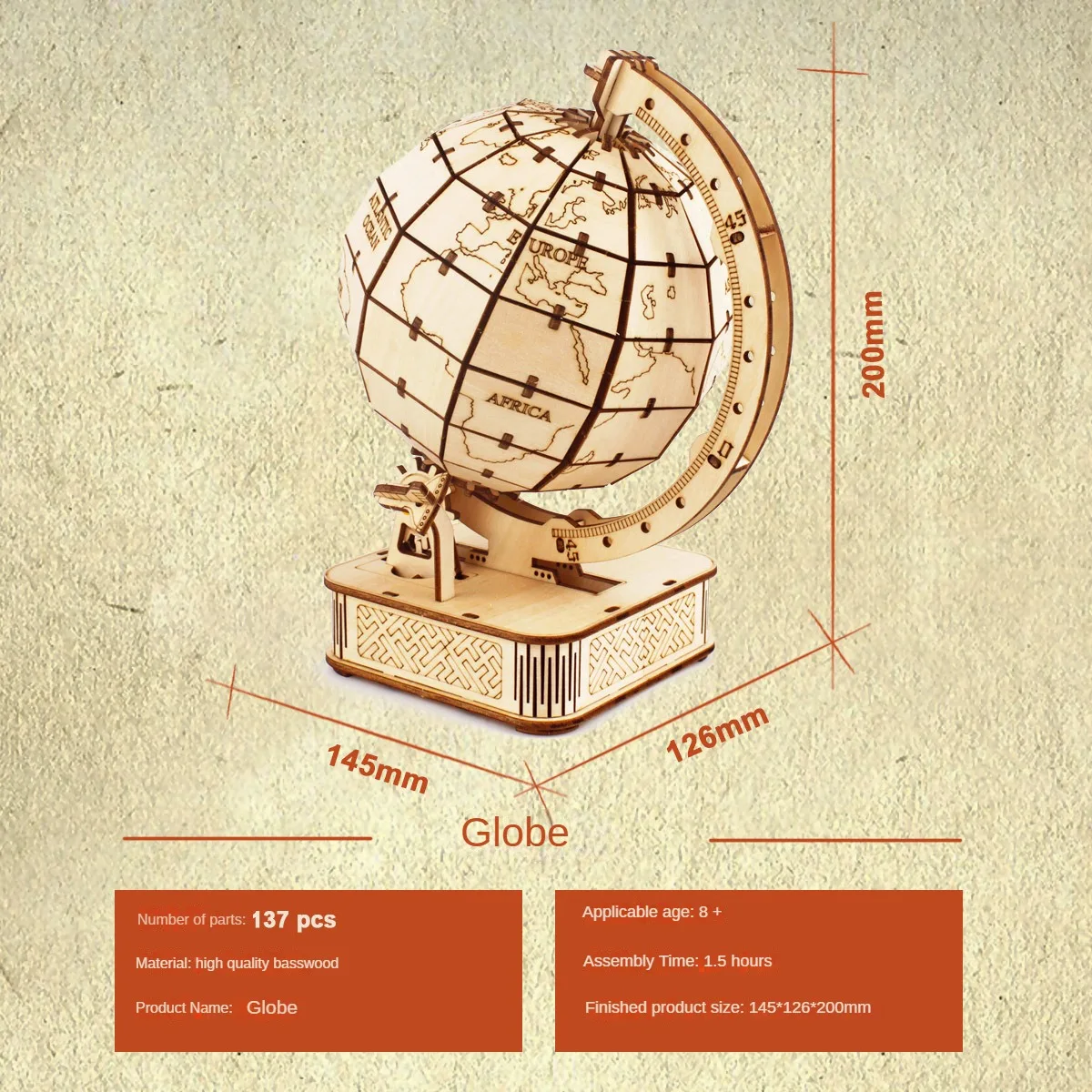 3D Globe Wooden Puzzle Toy Mechanical Assemble Building Block Earth Model Set for Teen DIY Geography World Map Toy Gift To Build