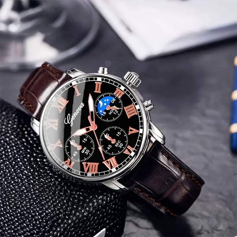 Casual men's quartz watch, fashionable business PU leather watch bracelet combination, suitable for daily use or gift gifts