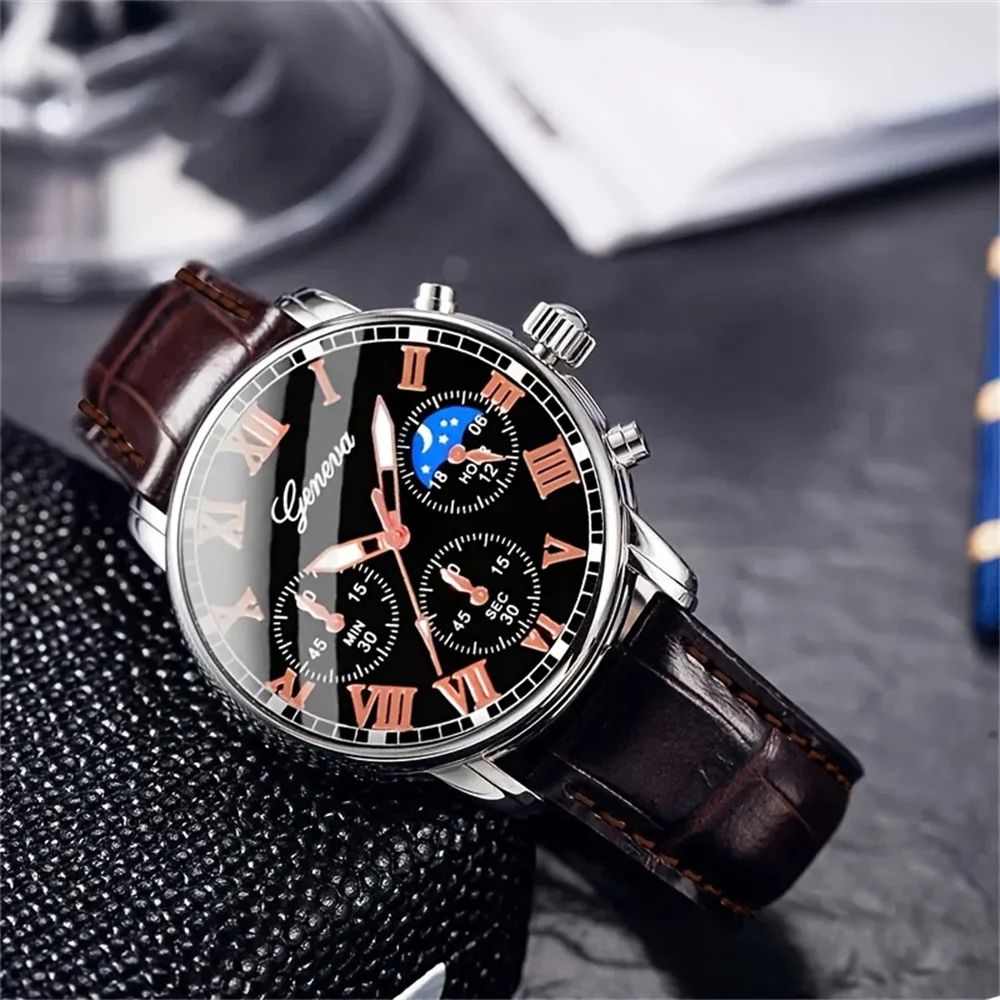 Casual men's quartz watch, fashionable business PU leather watch bracelet combination, suitable for daily use or gift gifts