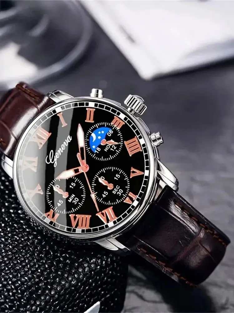Casual men's quartz watch, fashionable business PU leather watch bracelet combination, suitable for daily use or gift gifts
