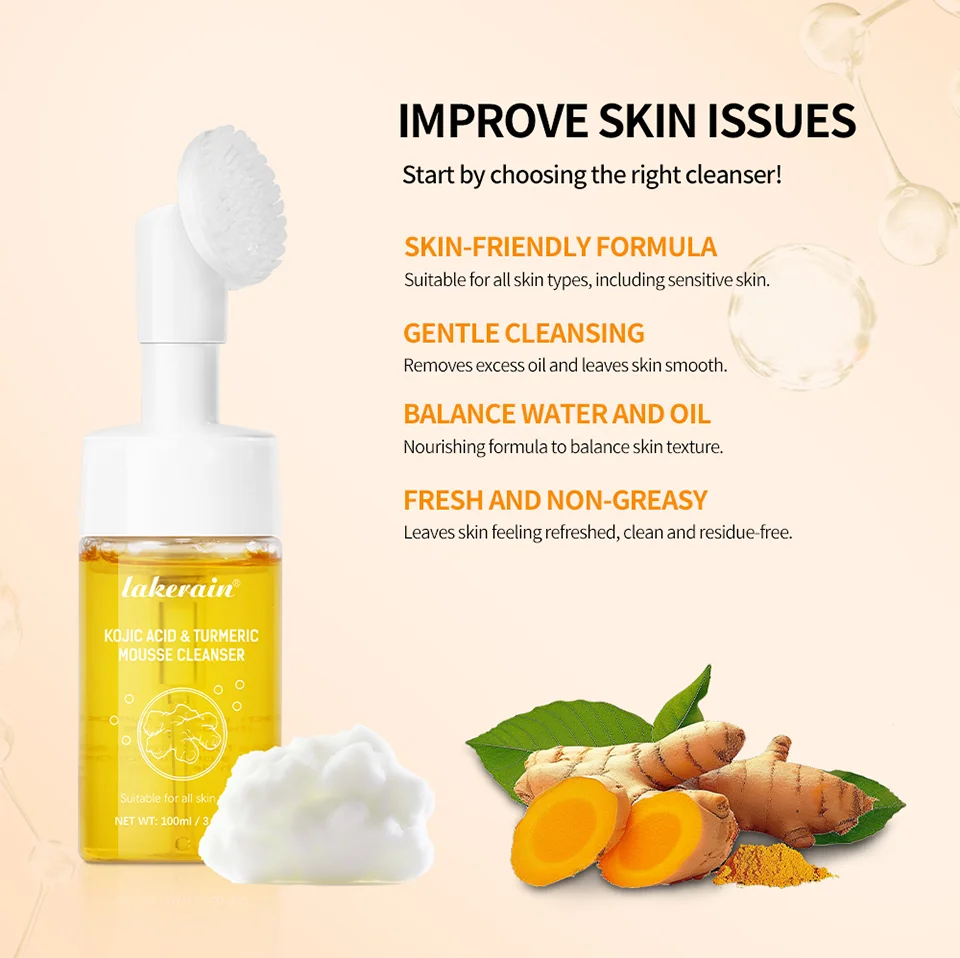 Lakerain 100ml Turmeric Cleansing Mousse Brightening Face Wash Foam Face Cleanser Oil Control Blackhead Remover Skin Cleansing