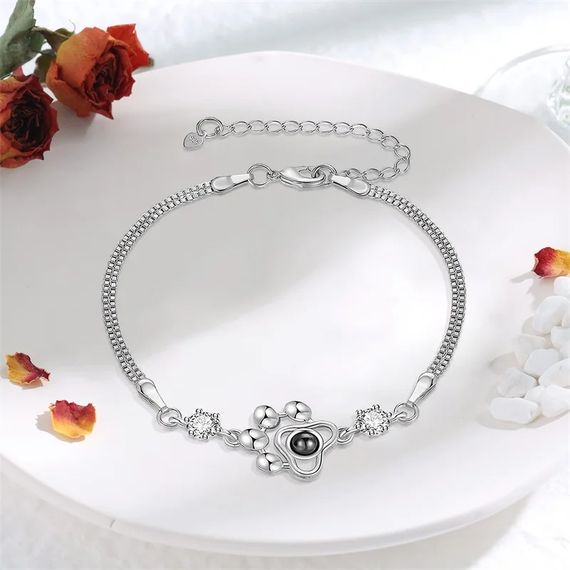Personalized Photo Projection Bracelet Dog Paw Memorial Pendant Bracelet for Dog Cat Owners Custom Print Photo Dog Paw Bracelet