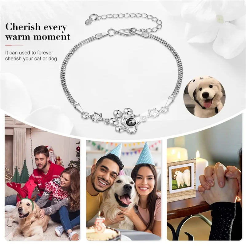 Personalized Photo Projection Bracelet Dog Paw Memorial Pendant Bracelet for Dog Cat Owners Custom Print Photo Dog Paw Bracelet