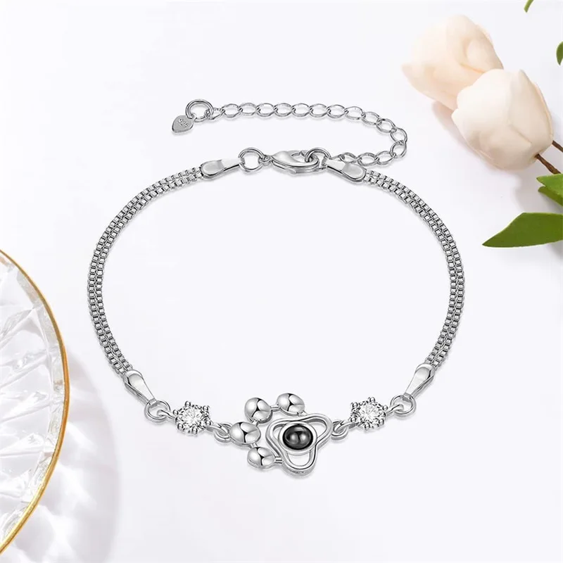Personalized Photo Projection Bracelet Dog Paw Memorial Pendant Bracelet for Dog Cat Owners Custom Print Photo Dog Paw Bracelet