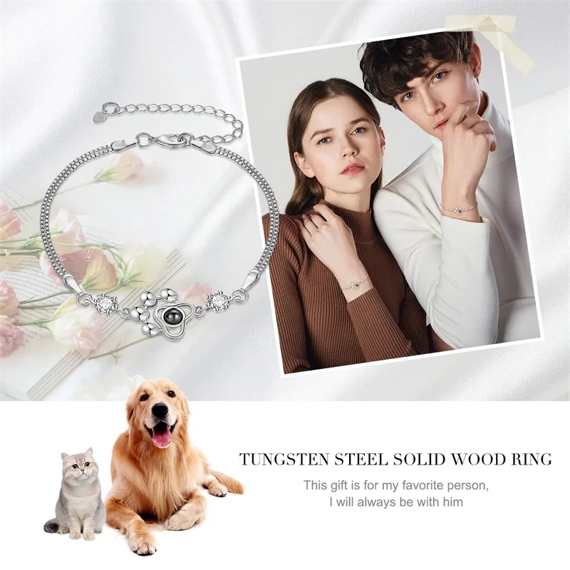 Personalized Photo Projection Bracelet Dog Paw Memorial Pendant Bracelet for Dog Cat Owners Custom Print Photo Dog Paw Bracelet