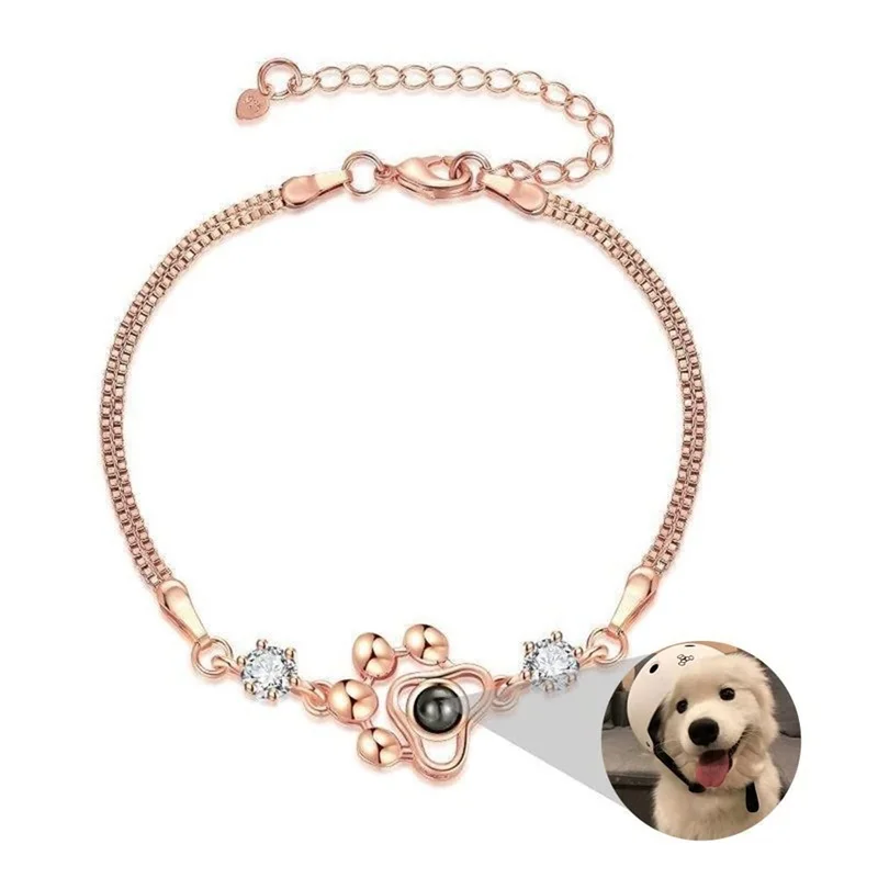 Personalized Photo Projection Bracelet Dog Paw Memorial Pendant Bracelet for Dog Cat Owners Custom Print Photo Dog Paw Bracelet