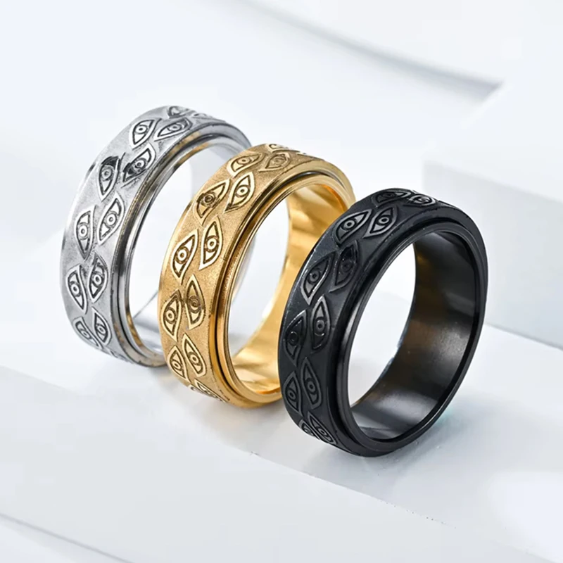 Anti Stress Stainless Steel Anxiety Relaxing Ring for Men Carved Eye Of God Rotatable Finger Rings Couples Jewelry Bague Homme