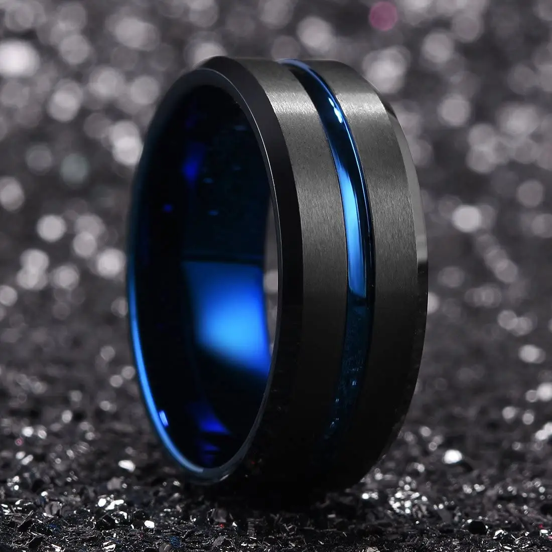 Fashion Men’s Silver Color Black Stainless Steel Ring Groove Multi-Faceted Ring For Men Women Engagement Ring Anniversary Gifts