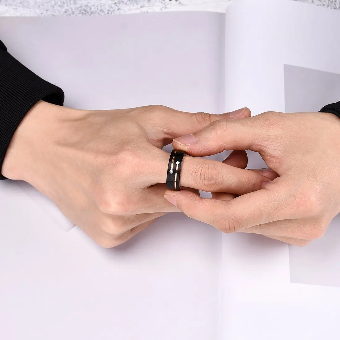 Fashion Men’s Silver Color Black Stainless Steel Ring Groove Multi-Faceted Ring For Men Women Engagement Ring Anniversary Gifts