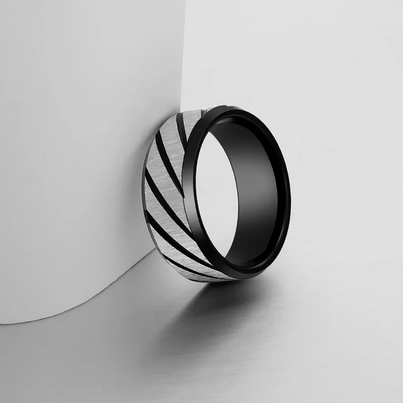 8Mm Fashion Frosted Wave Carved Matter Knuckle Ring For Men Blue Stainless Steel Wheel Twill Male Ring Jewelryanillo Hombre