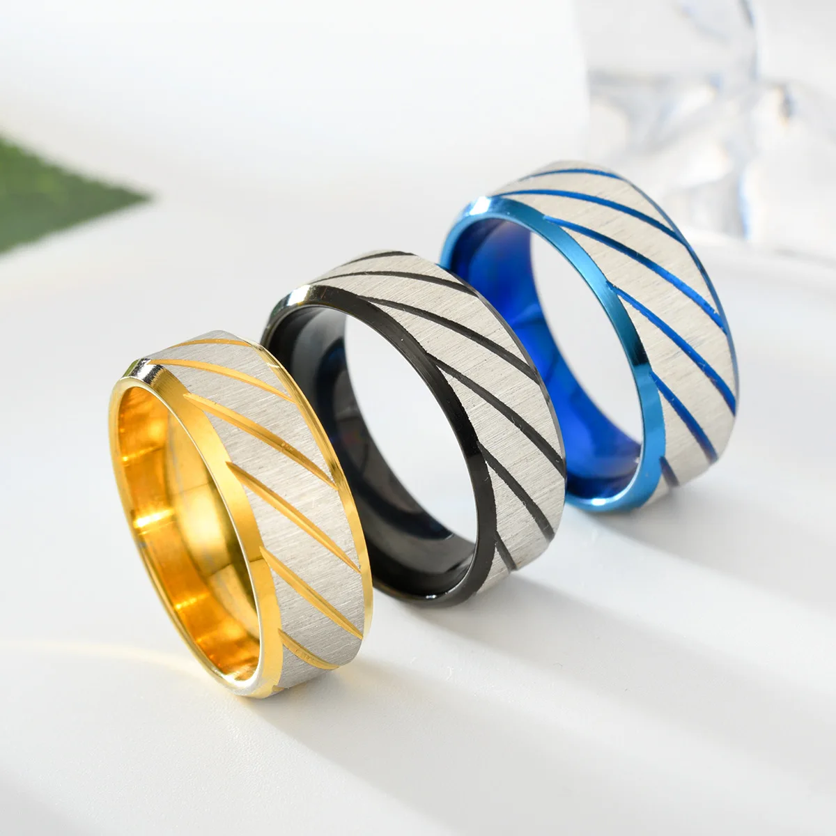 8Mm Fashion Frosted Wave Carved Matter Knuckle Ring For Men Blue Stainless Steel Wheel Twill Male Ring Jewelryanillo Hombre