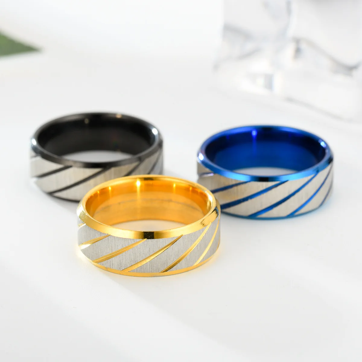 8Mm Fashion Frosted Wave Carved Matter Knuckle Ring For Men Blue Stainless Steel Wheel Twill Male Ring Jewelryanillo Hombre