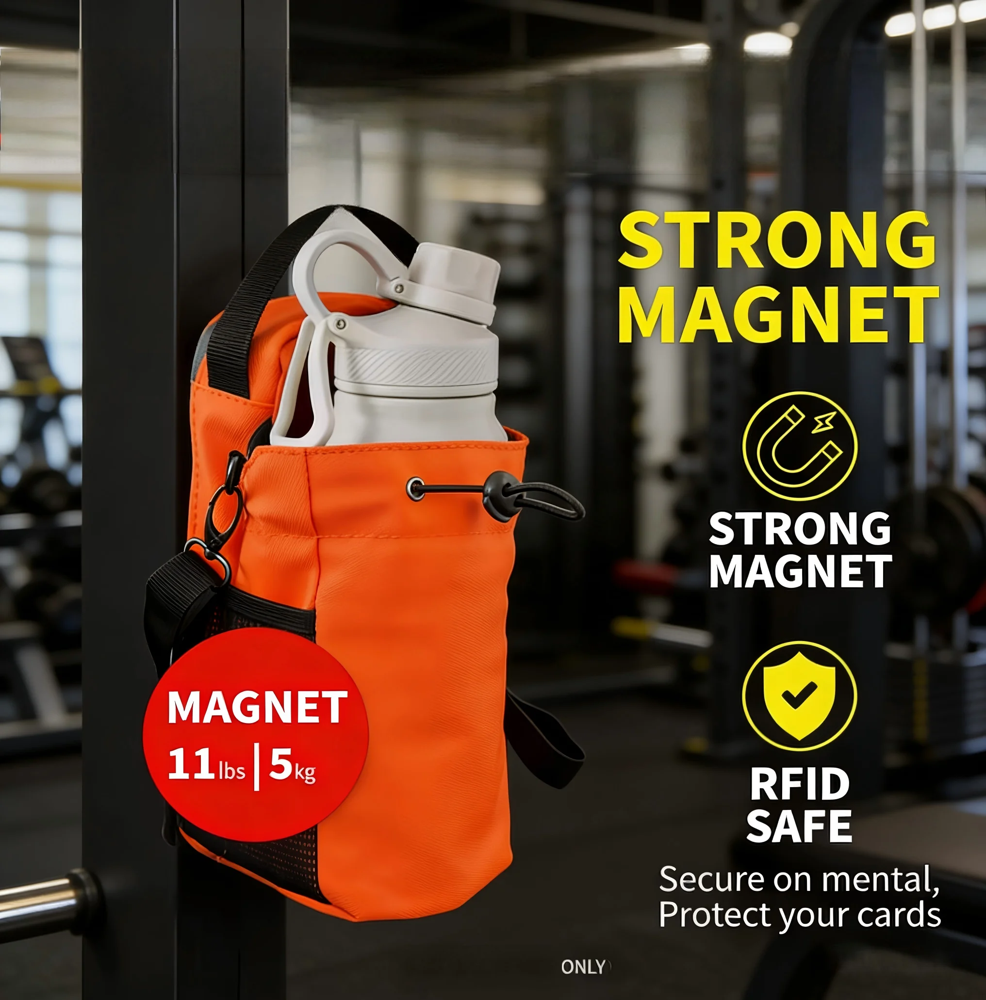 Orange Strong Magnetic Gym Water Bottle Bag - Magnet & RFID Safe Waterproof Pouch for Workout Travel