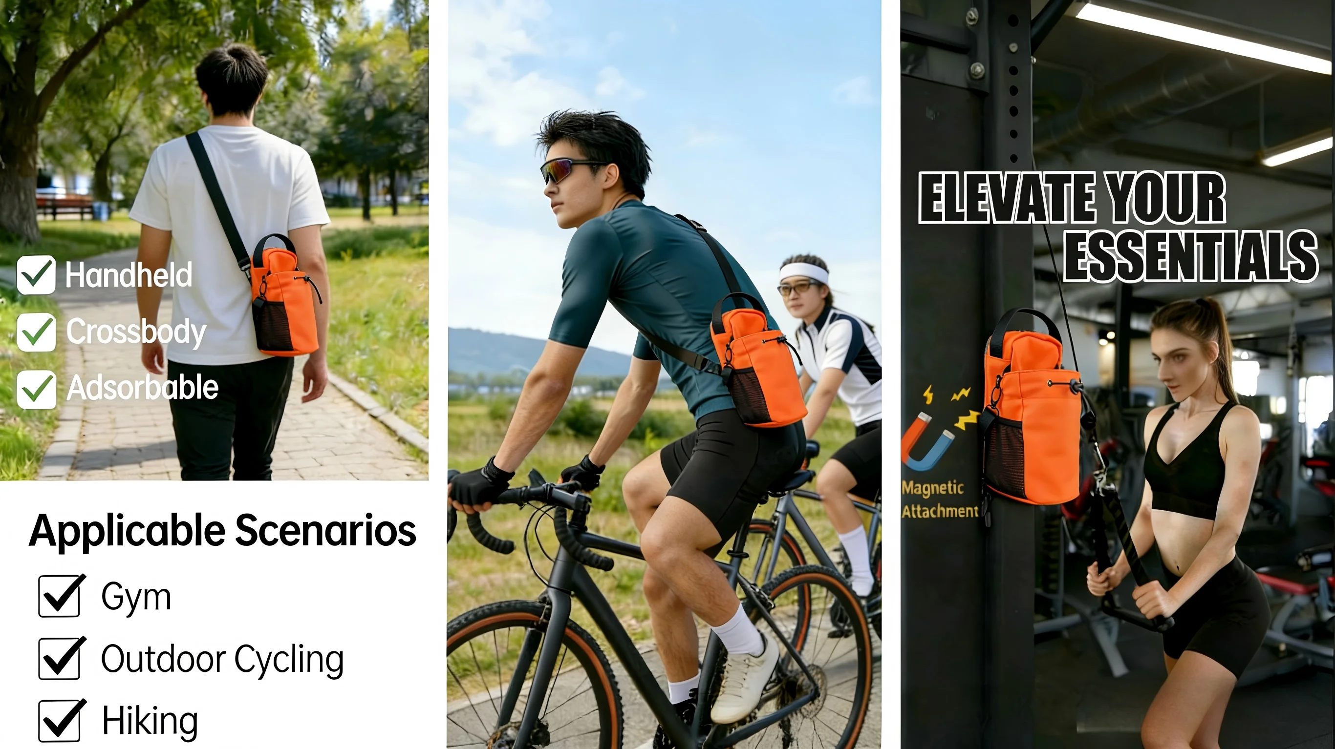 Orange Strong Magnetic Gym Water Bottle Bag - Magnet & RFID Safe Waterproof Pouch for Workout Travel