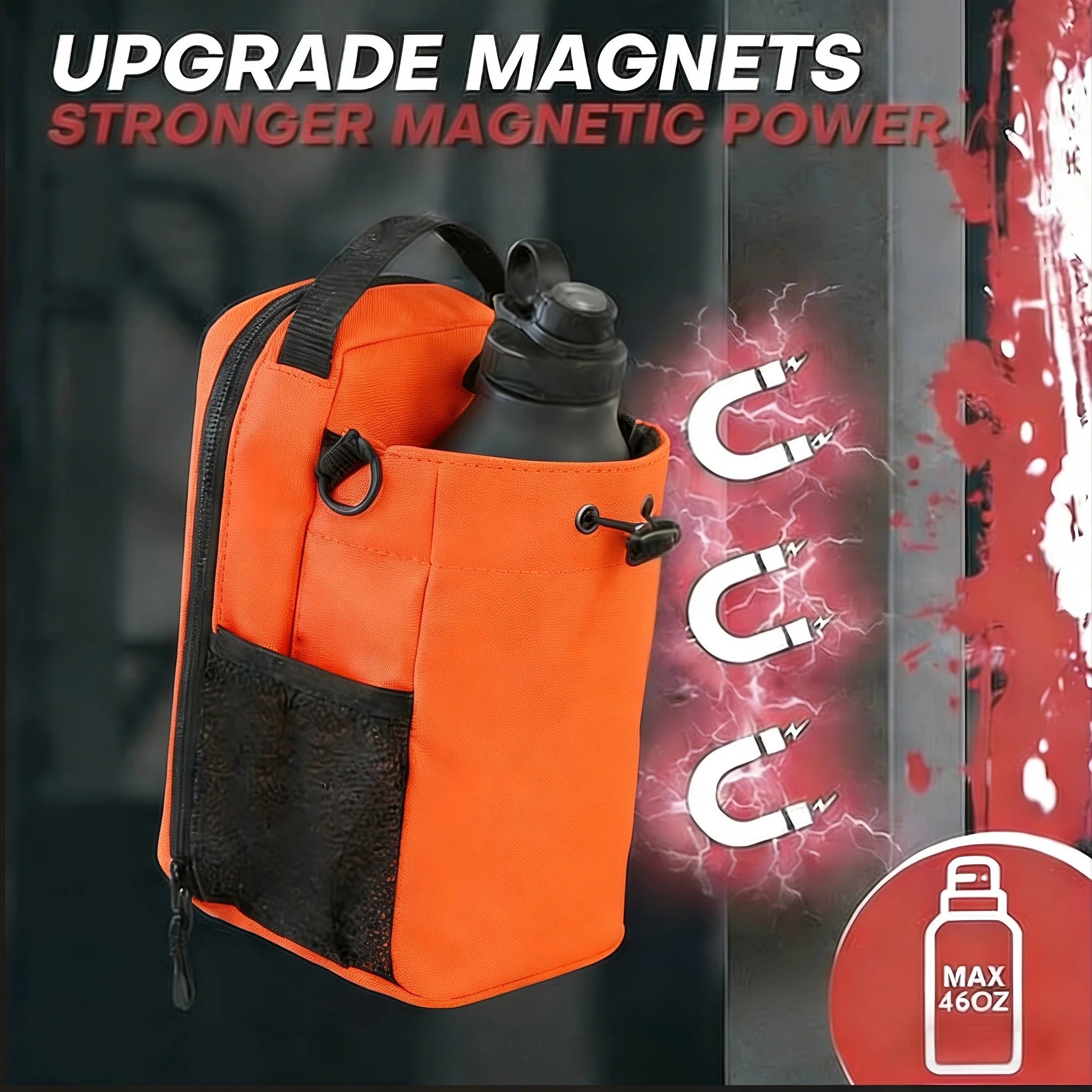 Orange Strong Magnetic Gym Water Bottle Bag - Magnet & RFID Safe Waterproof Pouch for Workout Travel