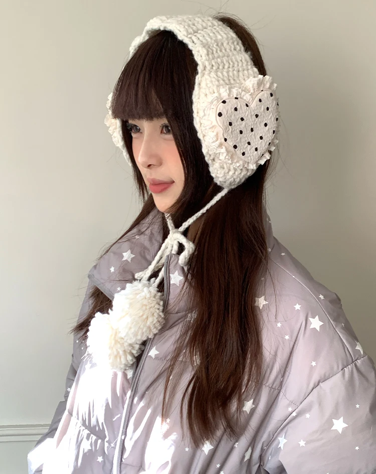 Korean Style Sweet Love Polka Dot Plush Earmuffs For Women Thickened Cold-Proof Ear Cover In Winter