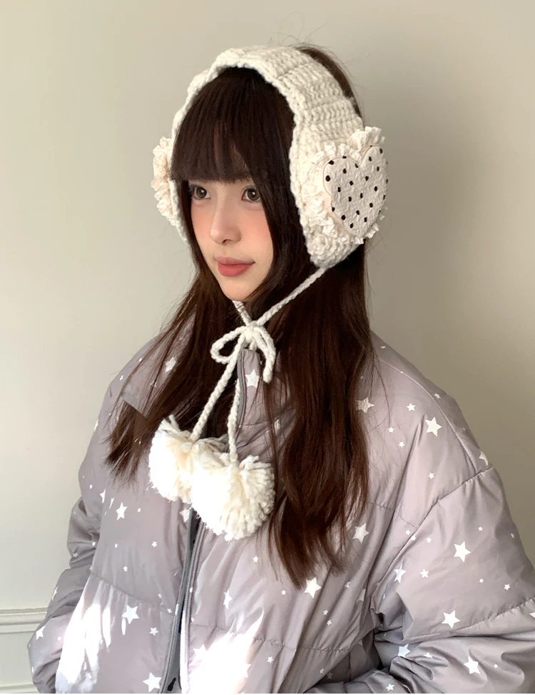 Korean Style Sweet Love Polka Dot Plush Earmuffs For Women Thickened Cold-Proof Ear Cover In Winter