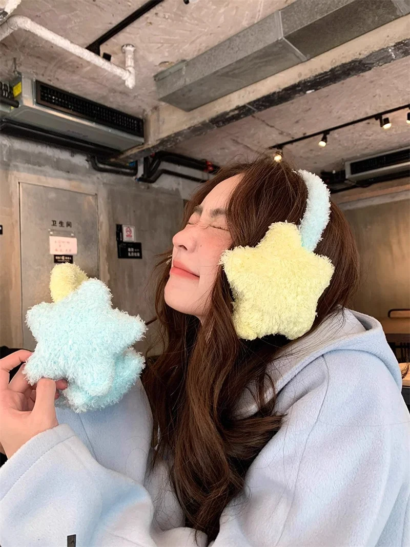 Y2K Star Plush Earmuffs Outdoor Cycling Ear Protection Colour Blocking Ear Bag Warm Winter Warm Earplugs Y2K Headset Ear Cover