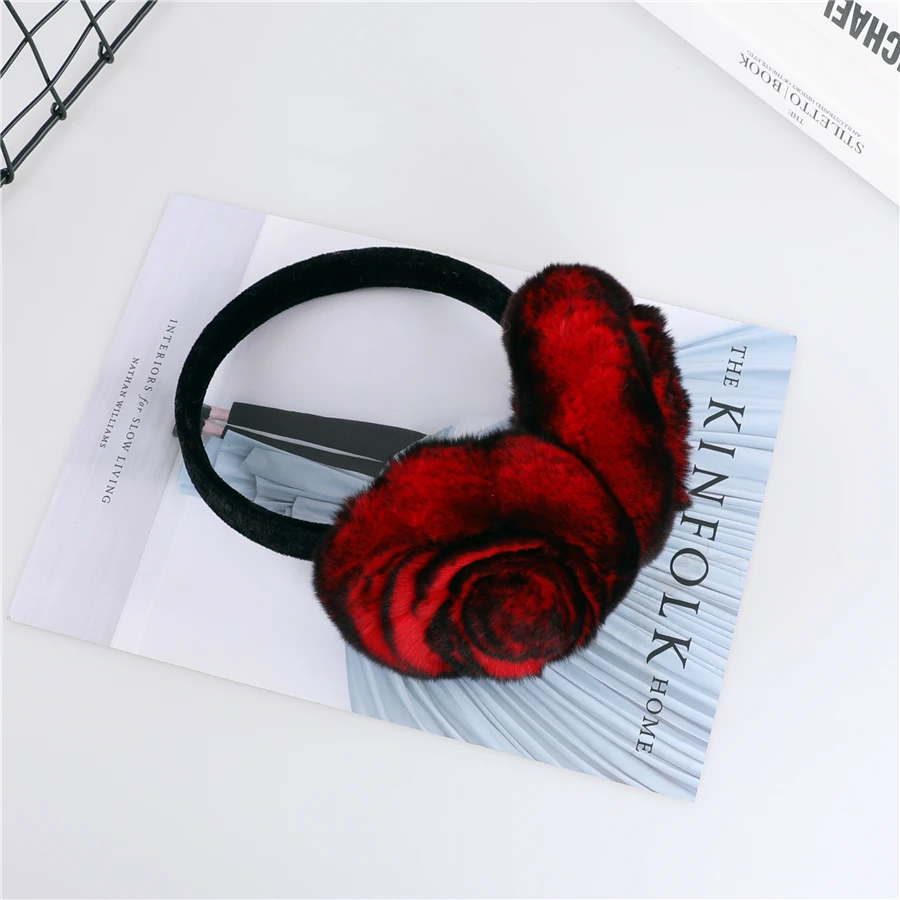 Natural 100% Rex Rabbit Fur Earmuff Women's Autumn and Winter Warm Earmuffs Ear Cover Ear Warmer Ear Muffs Winter Rose Flower