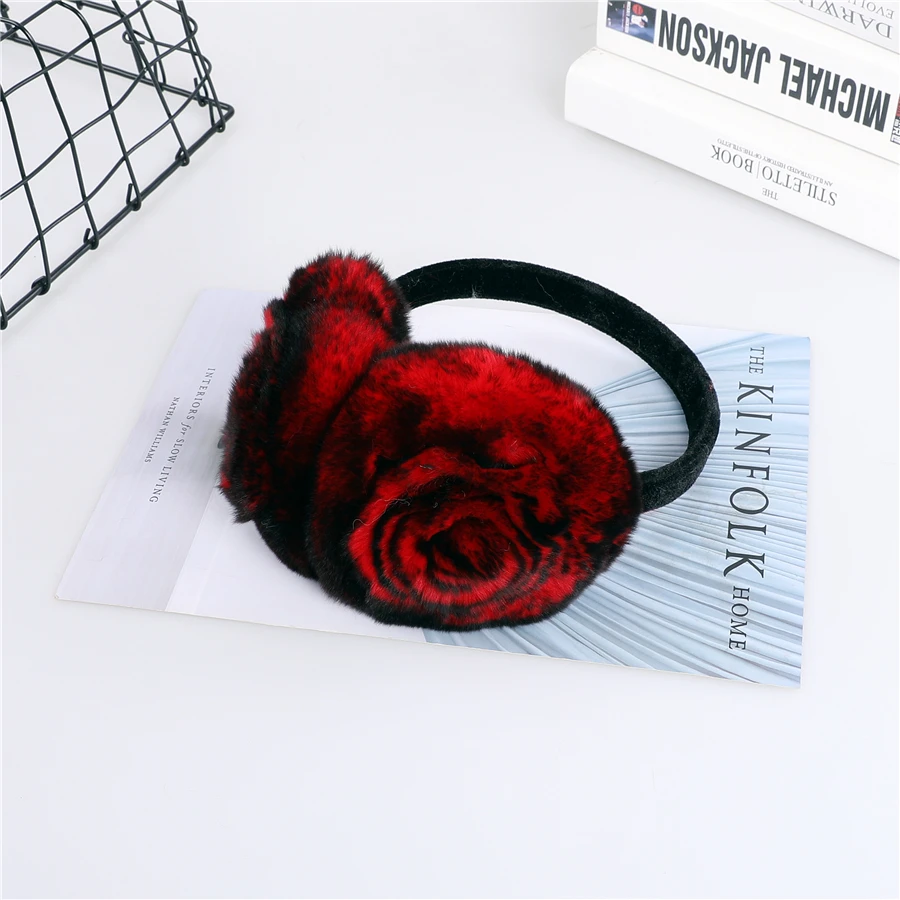 Natural 100% Rex Rabbit Fur Earmuff Women's Autumn and Winter Warm Earmuffs Ear Cover Ear Warmer Ear Muffs Winter Rose Flower