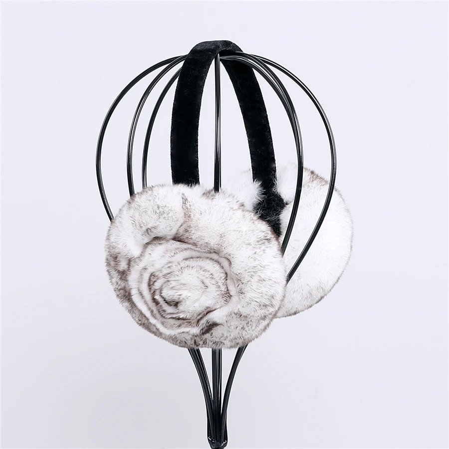 Natural 100% Rex Rabbit Fur Earmuff Women's Autumn and Winter Warm Earmuffs Ear Cover Ear Warmer Ear Muffs Winter Rose Flower