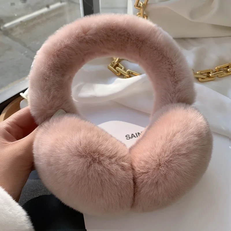 Winter Ear Muffs For Women Winter EarWarmers Soft Warm Cable Furry Real Rex Rabbit Ear Covers For Cold Weather