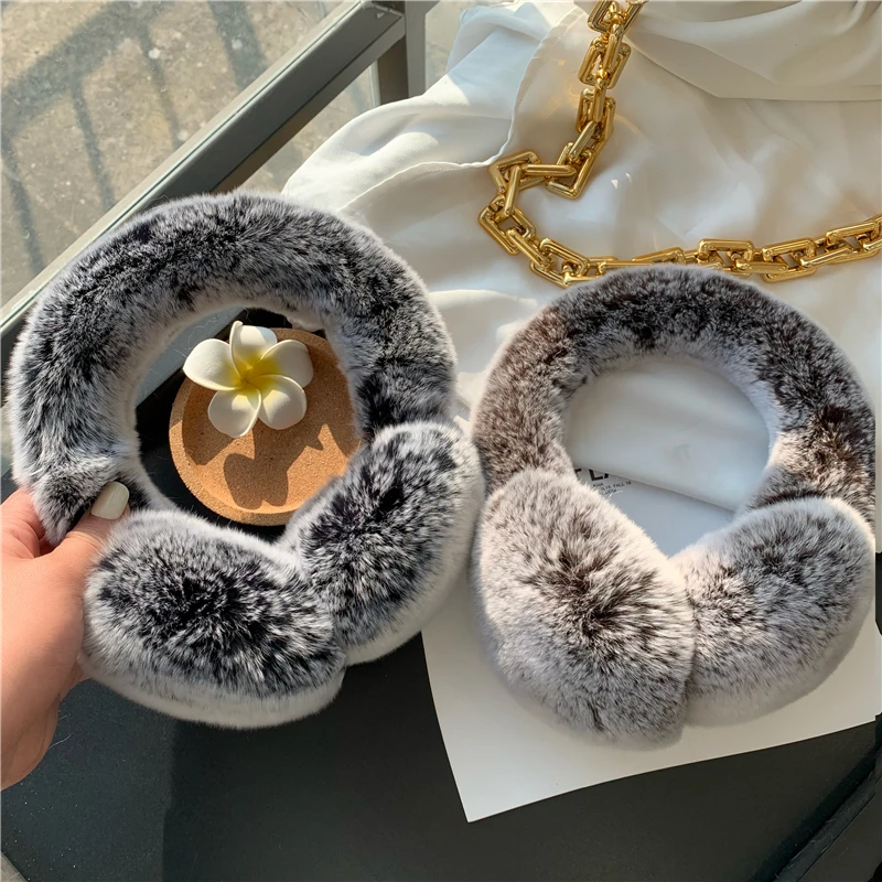 Winter Ear Muffs For Women Winter EarWarmers Soft Warm Cable Furry Real Rex Rabbit Ear Covers For Cold Weather