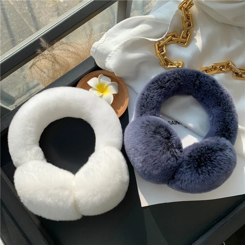 Winter Ear Muffs For Women Winter EarWarmers Soft Warm Cable Furry Real Rex Rabbit Ear Covers For Cold Weather