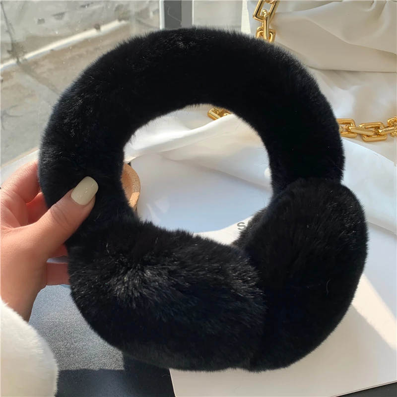 Winter Ear Muffs For Women Winter EarWarmers Soft Warm Cable Furry Real Rex Rabbit Ear Covers For Cold Weather
