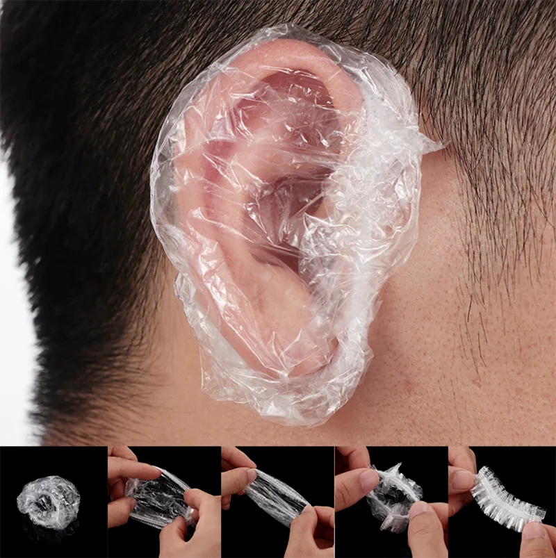 100Pcs Transparent Disposable Ear Cover Waterproof One-off Earmuffs Ear Protector Caps Plastic Bag Bath Shower Hair Dyeing Tool