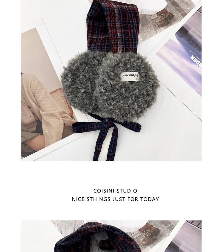 Korean Retro Contrasting Color Straps Plush Earmuffs for Women Winter Travel Warm Ear Protection Versatile Sweet Earflaps