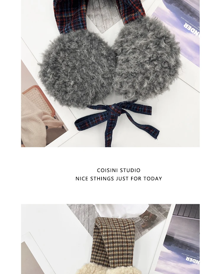 Korean Retro Contrasting Color Straps Plush Earmuffs for Women Winter Travel Warm Ear Protection Versatile Sweet Earflaps