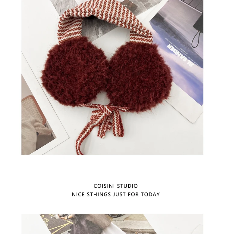 Korean Retro Contrasting Color Straps Plush Earmuffs for Women Winter Travel Warm Ear Protection Versatile Sweet Earflaps